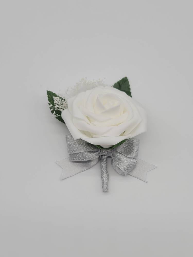 White And silver Boutonnieres And Corsages, Available In 27 Colors, Corsages Available In Pin On And Wrist, Matching Bouquets Available