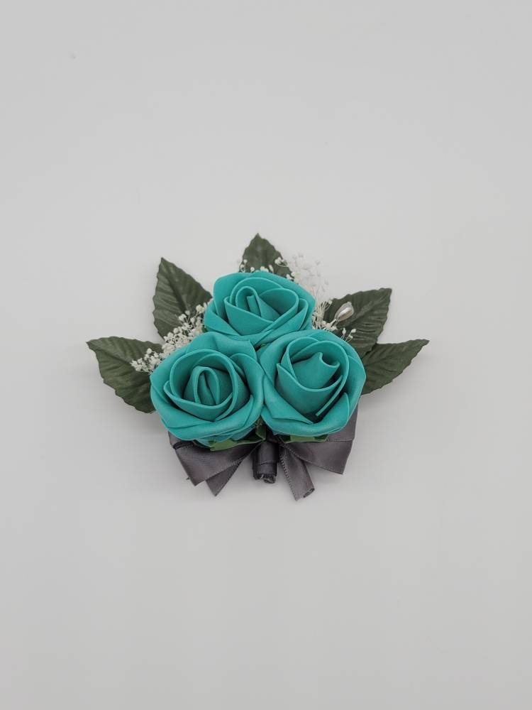 Teal And Gray Boutonnieres And Corsages, Available In 27 Colors, Corsages Available In Pin On And Wrist, Matching Bouquets Available