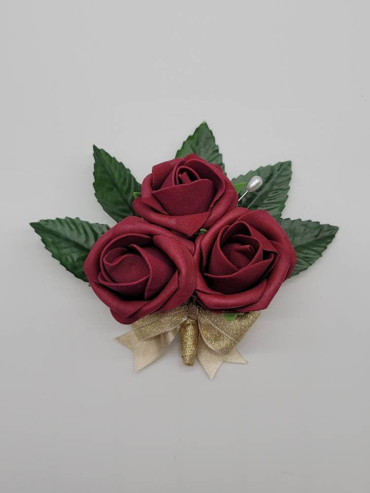 Burgundy And Gold Boutonnieres And Corsages,27 Colors Available, Corsages Available In Pin On And Wrist,Matching Bouquets Available