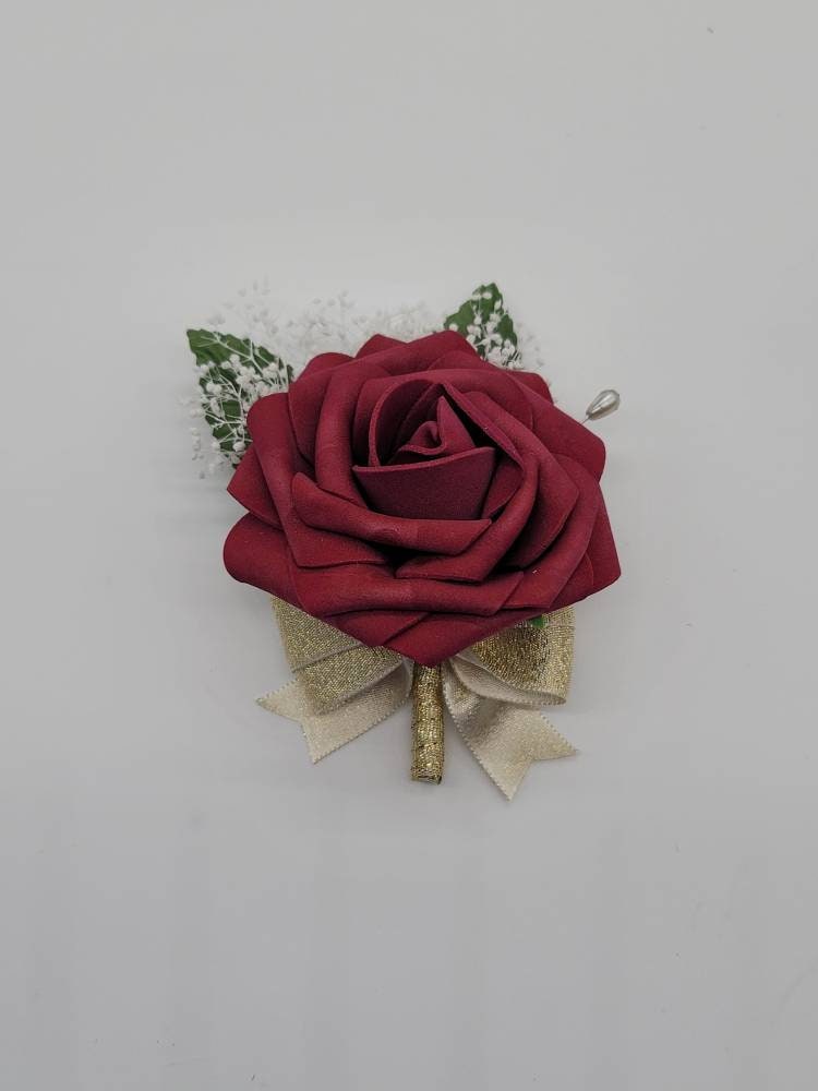 Navy, Burgundy, and Gold Corsages and Boutonnieres ,27 Colors Available, Corsages Available In Pin On And Wrist,Matching Bouquets Available