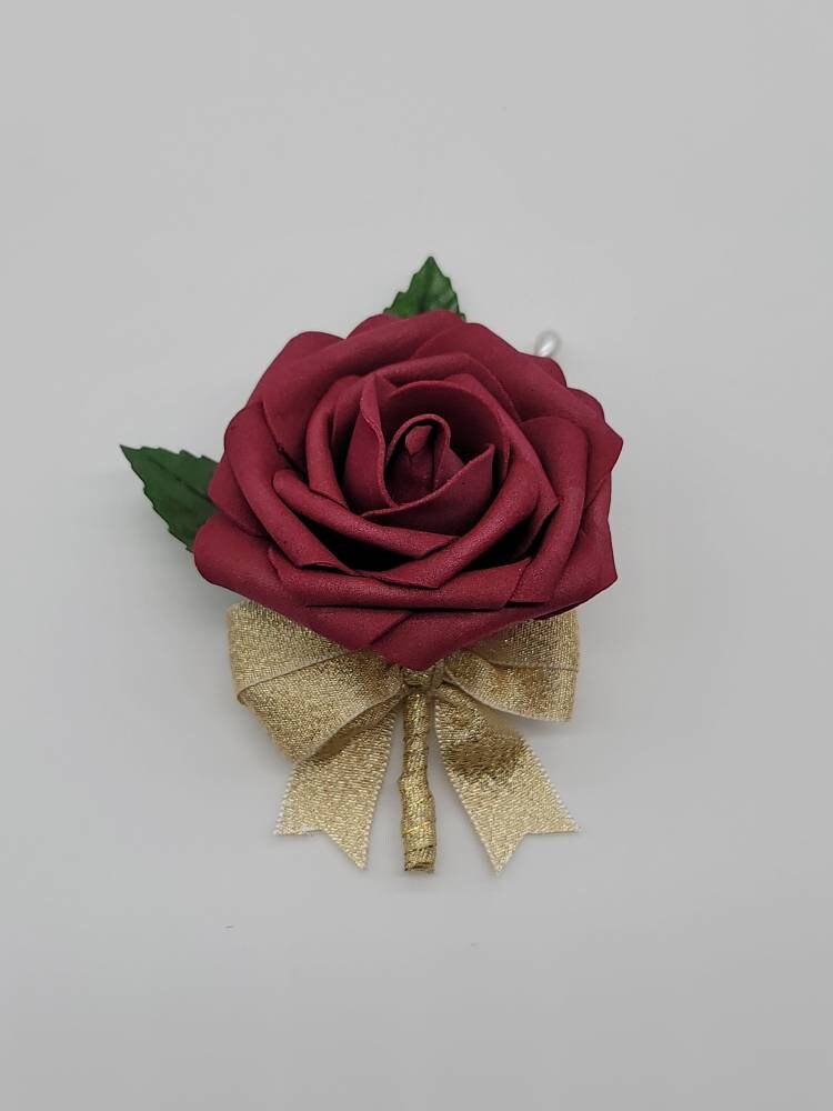 Burgundy And Gold Boutonnieres And Corsages,27 Colors Available, Corsages Available In Pin On And Wrist,Matching Bouquets Available