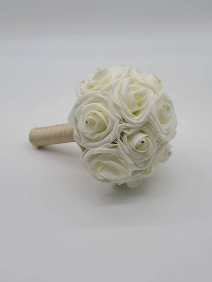 Ivory and Gold Wedding Bouquet Made With Real Touch Roses, Bridal Bouquet, Bridesmaid Bouquet and Matching Boutonnieres and Corsages