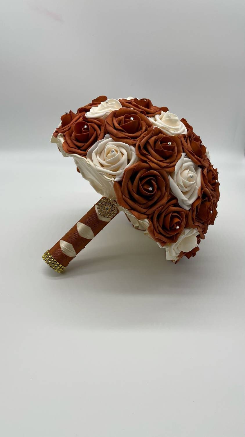 Burnt Orange and Cream Wedding Bouquet Made With Real Touch Roses, Bridal Bouquet, Bridesmaid Bouquet and Matching Boutonniere and Corsages