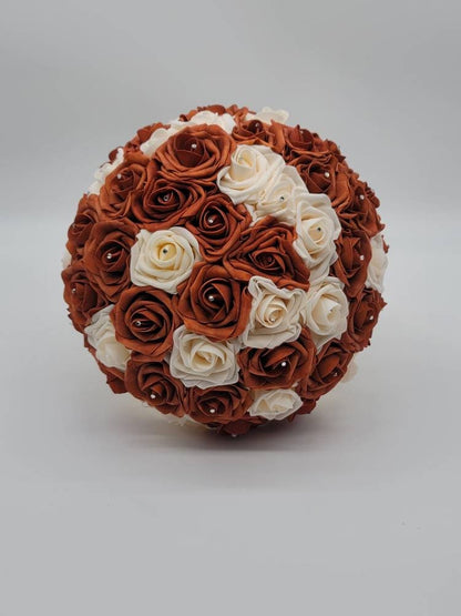 Burnt Orange and Cream Wedding Bouquet Made With Real Touch Roses, Bridal Bouquet, Bridesmaid Bouquet and Matching Boutonniere and Corsages