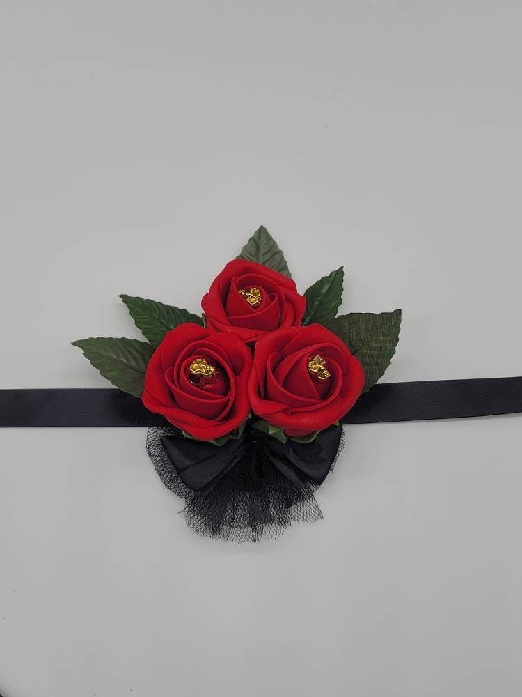 Gothic Skull Red And Black Boutonnieres and Corsage, Corsage Available in Pin on or Wrist