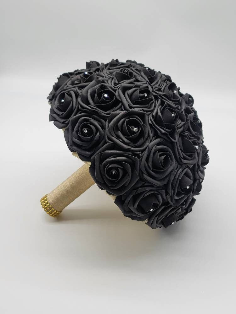 Black and Gold Wedding Bouquet Made with Real Touch Roses