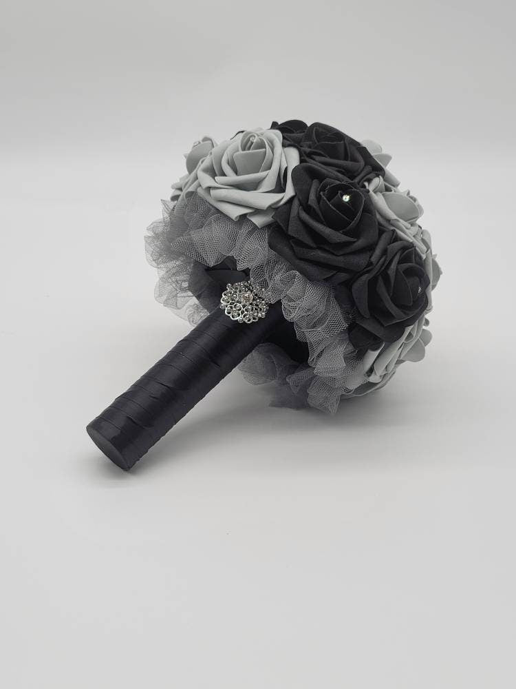 Black And Gray Wedding Bouquet Made With Real Touch Roses, Bridal Bouquet, Bridesmaid Bouquet and Matching Boutonnieres and Corsages