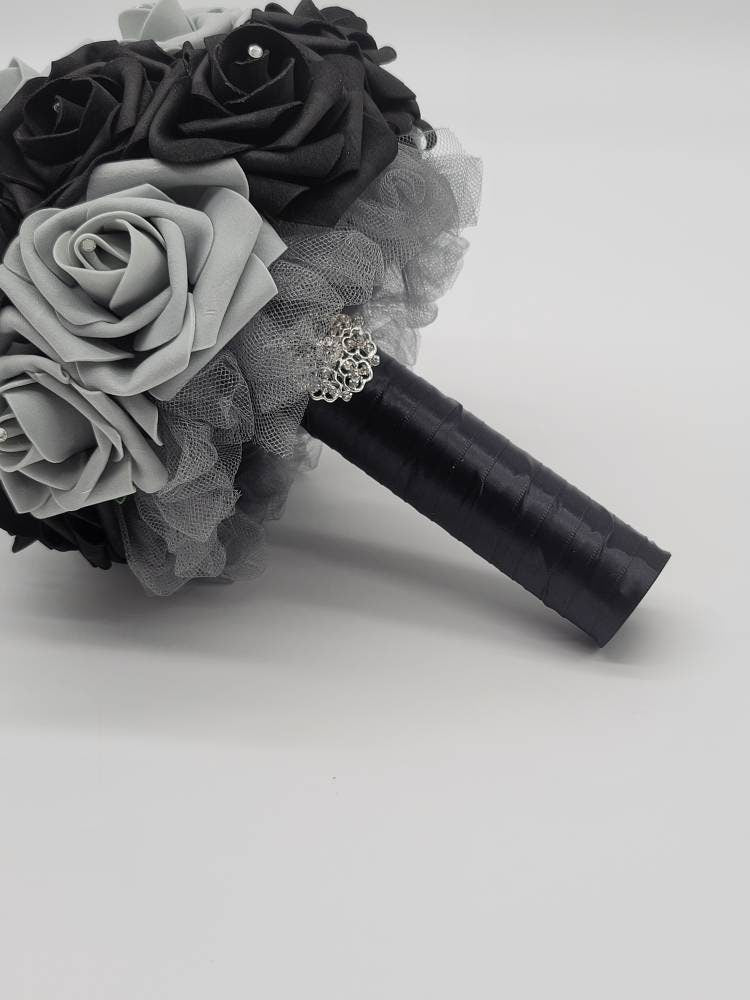 Black And Gray Wedding Bouquet Made With Real Touch Roses, Bridal Bouquet, Bridesmaid Bouquet and Matching Boutonnieres and Corsages