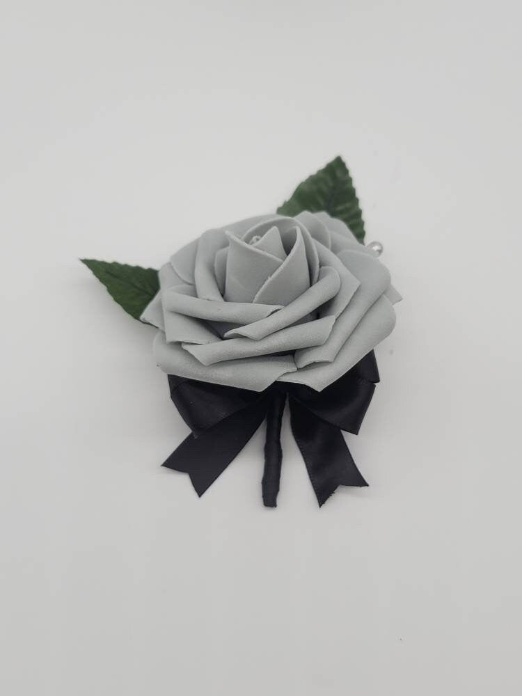 Black And Gray Wedding Bouquet Made With Real Touch Roses, Bridal Bouquet, Bridesmaid Bouquet and Matching Boutonnieres and Corsages