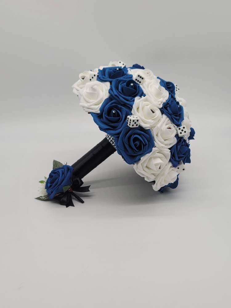 Vegas Themed Royal Blue and Black Boutonnieres and Corsages with Eucalyptus and Card Suites. Matching Bouquets, Destination Weddings