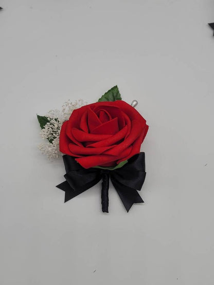 Red And Black Boutonnieres And Corsages,27 Colors Available, Corsages Available In Pin On And Wrist,Matching Bouquets Available