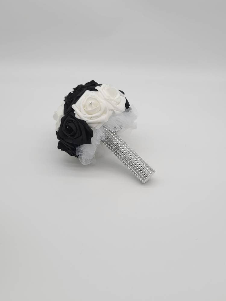 White and Black Bridal Bouquet with Rhinestone Handle