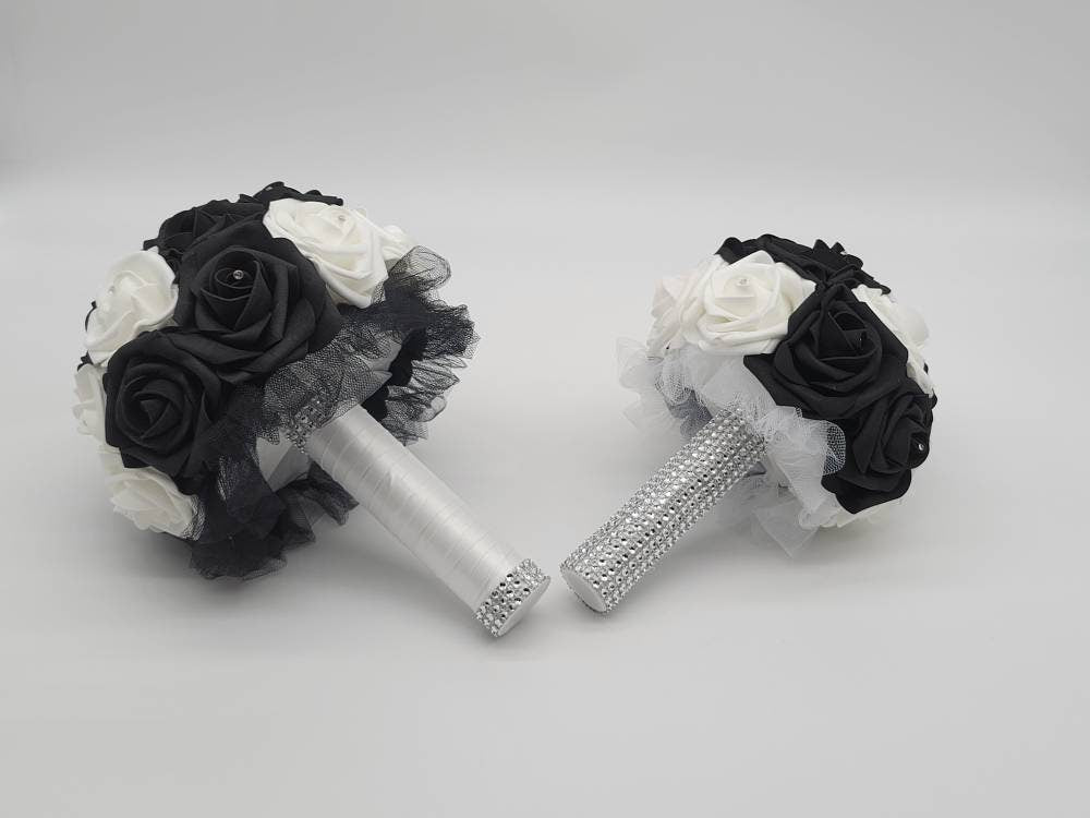 White and Black Bridal Bouquet with Rhinestone Handle