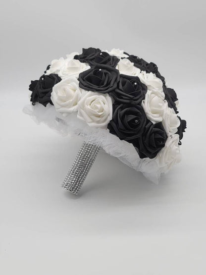 White and Black Bridal Bouquet with Rhinestone Handle