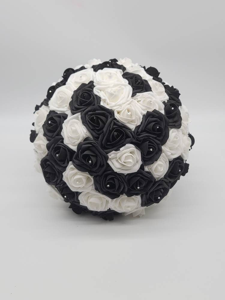 White and Black Bridal Bouquet with Rhinestone Handle