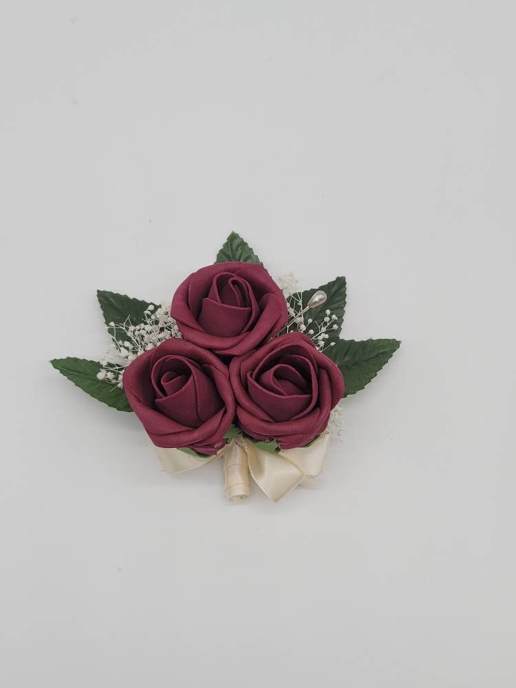 Burgundy And ivory Boutonnieres And Corsages,27 Colors Available, Corsages Available In Pin On And Wrist,Matching Bouquets Available