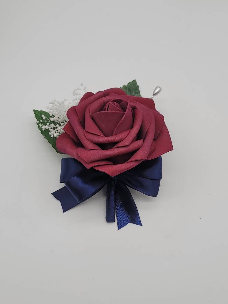 Burgundy And Navy Boutonnieres And Corsages, Available In 27 Colors, Corsages Available In Pin On And Wrist, Matching Bouquets Available