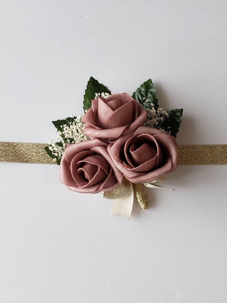 Dusty rose And gold Boutonnieres And Corsages, Available In 27 Colors, Corsages Available In Pin On And Wrist, Matching Bouquets Available