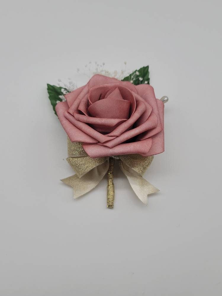 Dusty rose And Gold Boutonnieres And Corsages with or without babies breath, Corsages Available In Pin On And Wrist, Custom colors available