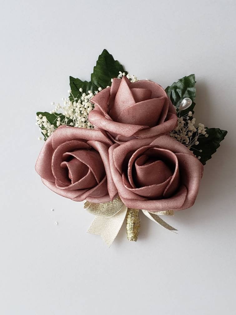 Dusty rose And Gold Boutonnieres And Corsages with or without babies breath, Corsages Available In Pin On And Wrist, Custom colors available