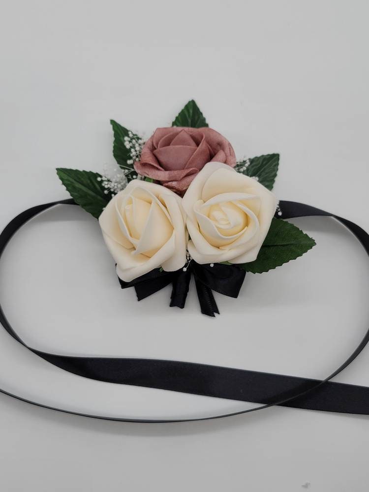 Dusty rose And ivory Boutonnieres And Corsages, Available In 27 Colors, Corsages Available In Pin On And Wrist, Matching Bouquets Available