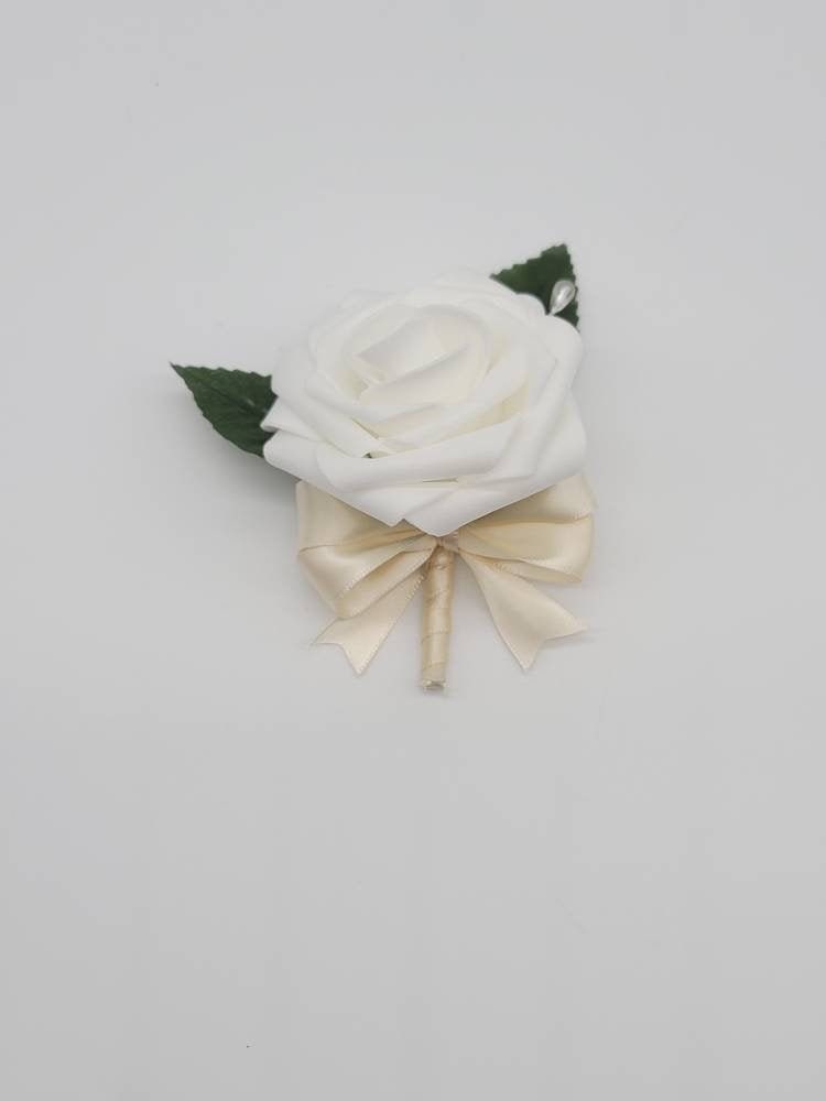 White and ivory Boutonnieres And Corsages, Available In 27 Colors, Corsages Available In Pin On And Wrist, Matching Bouquets Available