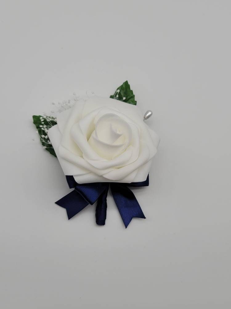 White and navy Boutonnieres And Corsages, Available In 27 Colors, Corsages Available In Pin On And Wrist, Matching Bouquets Available