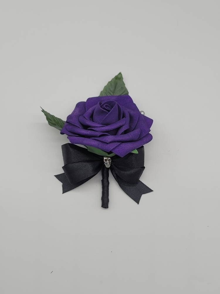 Gothic Skull Purple And Black Boutonnieres and Corsages, Available In Pin On And Wrist, Matching Bouquets Available