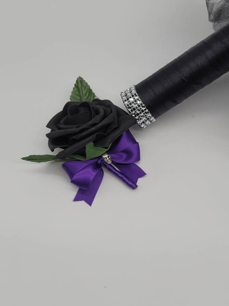 Gothic Skull Purple And Black Boutonnieres and Corsages, Available In Pin On And Wrist, Matching Bouquets Available