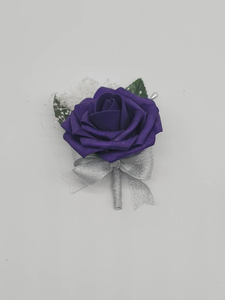 Dark Purple And silver Boutonnieres And Corsages, 27 Colors Available, Corsages Available In Pin On And Wrist,Matching Bouquets Available