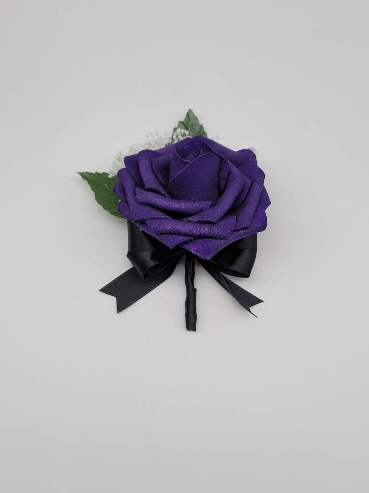 Dark Purple And black Boutonnieres And Corsages, 27 Colors Available, Corsages Available In Pin On And Wrist,Matching Bouquets Available
