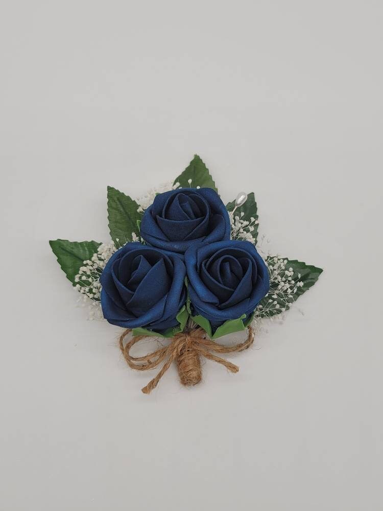 Navy and twine Boutonnieres And Corsages, Available In 27 Colors, Corsages Available In Pin On And Wrist, Matching Bouquets Available
