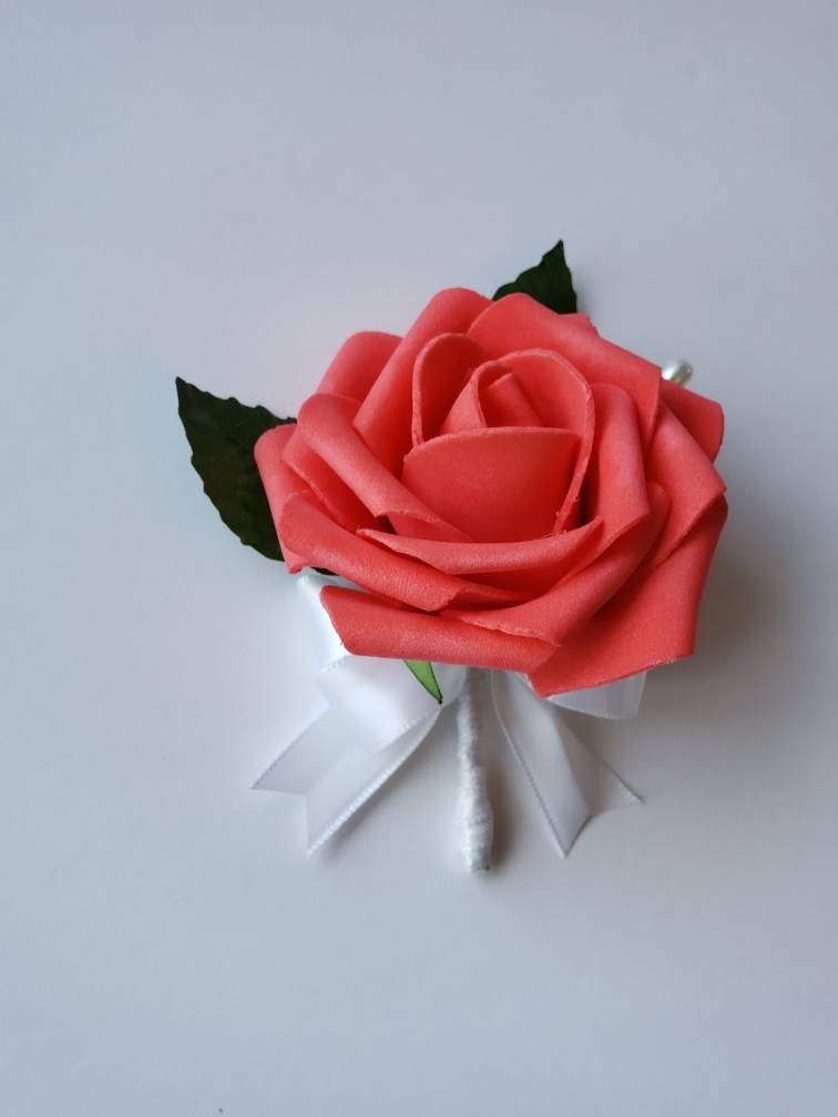 Coral And white Boutonnieres And Corsages,27 Colors Available, Corsages Available In Pin On And Wrist,Matching Bouquets Available