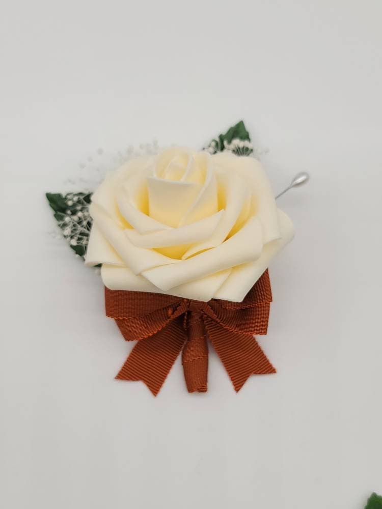 Cream And burnt orange Corsages and Boutonniere,Available In 27 Colors, Corsages Available In Pin On And Wrist, Matching Bouquets Available