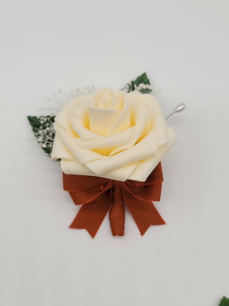 Cream And burnt orange Boutonnieres And Corsages,Available In 27 Colors, Corsages Available In Pin On And Wrist, Matching Bouquets Available