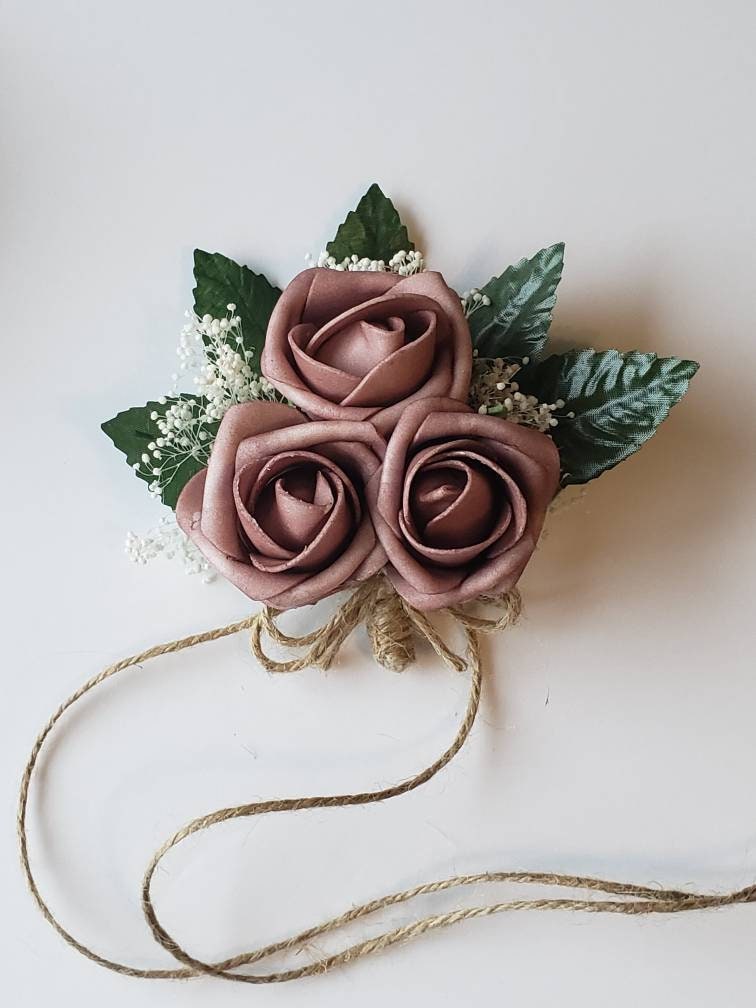 Dusty rose And burlap Boutonnieres And Corsages, Available In 27 Colors, Corsages Available In Pin On And Wrist, Matching Bouquets Available