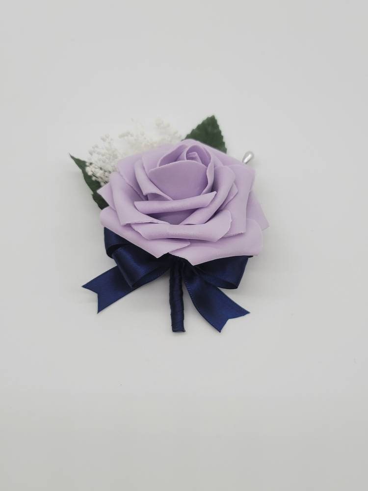 lilac and navy Corsages and Boutonnieres,Available In 27 Colors, Corsages Are Available In Pin On And Wrist, Matching Bouquets Available