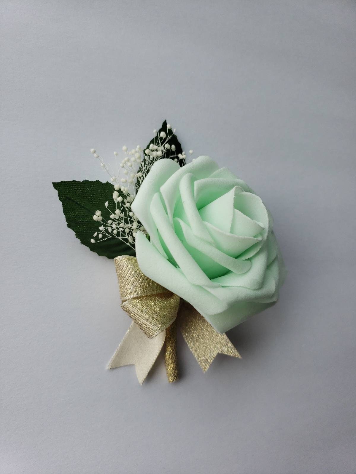 Mint and gold Boutonnieres And Corsages,Available In 26 Colors, Corsages Are Available In Pin On And Wrist, Matching Bouquets Available