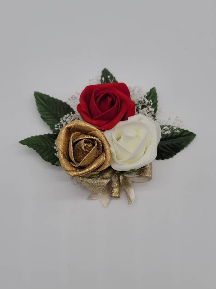 Red,Gold, and ivory Corsages And Boutonnieres,27 Colors Available, Corsages Available In Pin On And Wrist,Matching Bouquets Available
