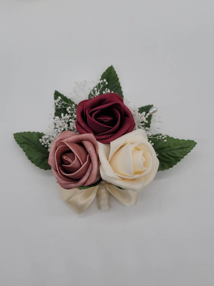 Burgundy and dusty rose Boutonnieres And Corsages, Available In 27 Colors,Corsages Available In Pin On And Wrist Matching Bouquets Available