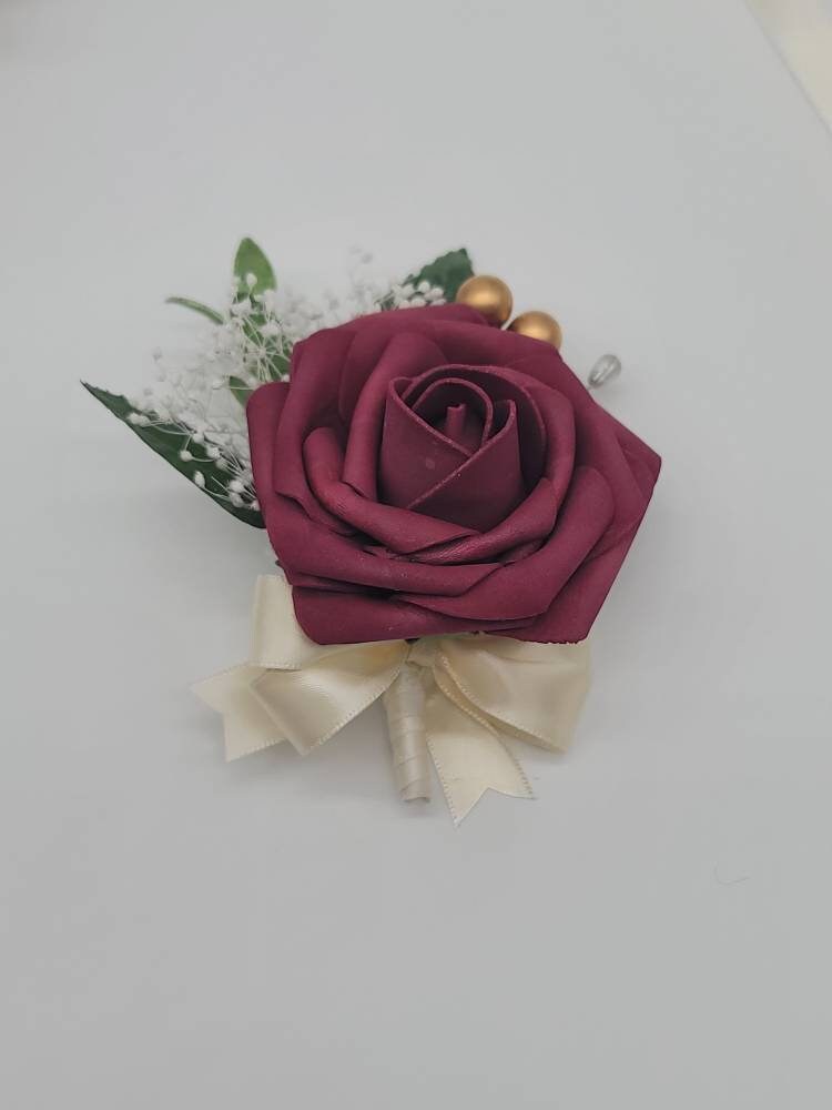 Burgundy,ivory, blush corsage, Eucalyptus/rose Gold Accents,Babis Breath, Matching Boutonnieres And Bouquets Available 27 Colors Available