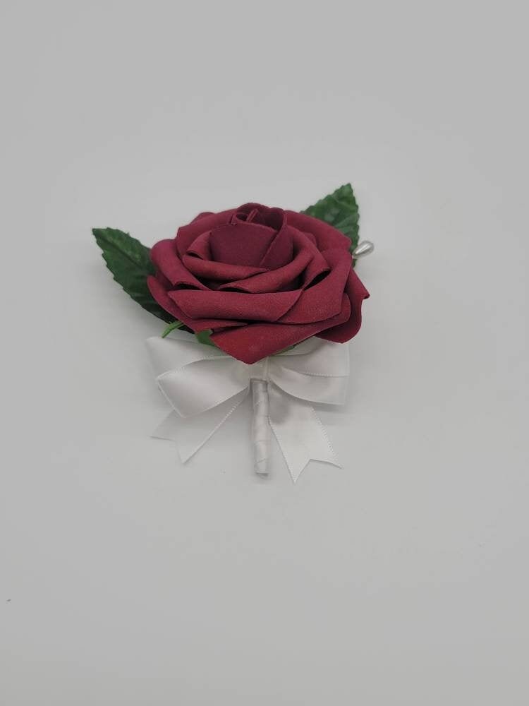 Burgundy And white Boutonnieres And Corsages, Available In 27 Colors, Corsages Available In Pin On And Wrist, Matching Bouquets Available