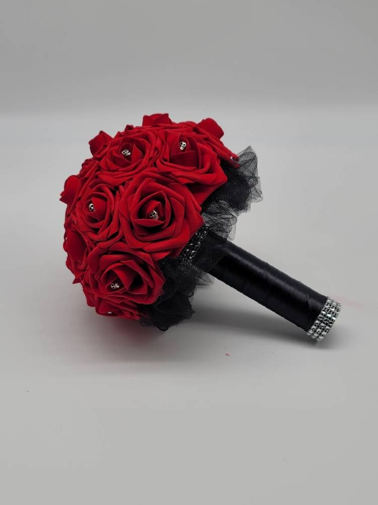 Gothic Skull Black And Red Boutonniere and Corsages, Corsages Available In Pin On And Wrist, Matching Bouquets Available