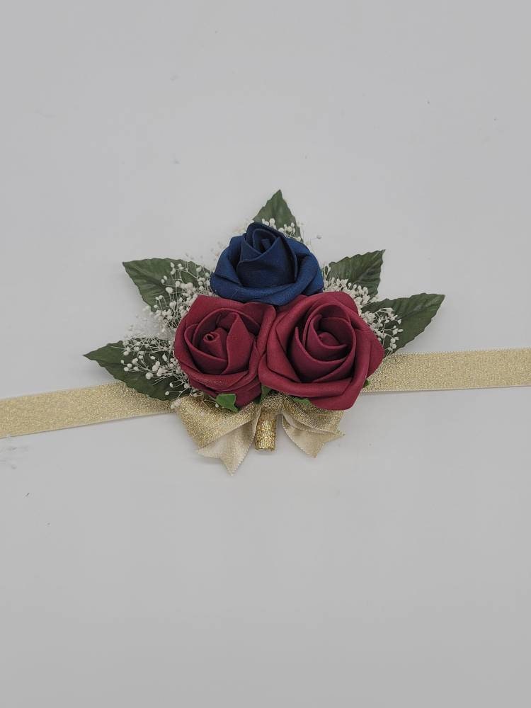 Navy, Burgundy, and Gold Corsages and Boutonnieres ,27 Colors Available, Corsages Available In Pin On And Wrist,Matching Bouquets Available