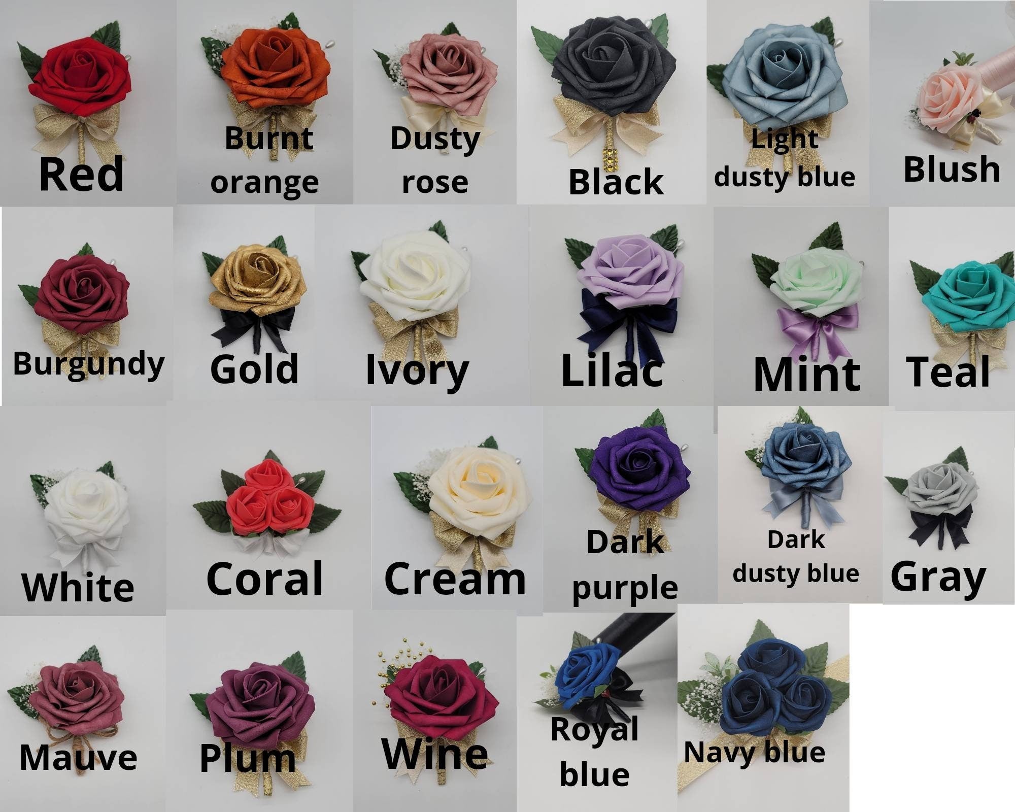 Wine red And Gold Boutonniere, Eucalyptus And Rose Gold Accents,Babais Breath, Matching Corsages And Bouquets Available 27 Colors Available,