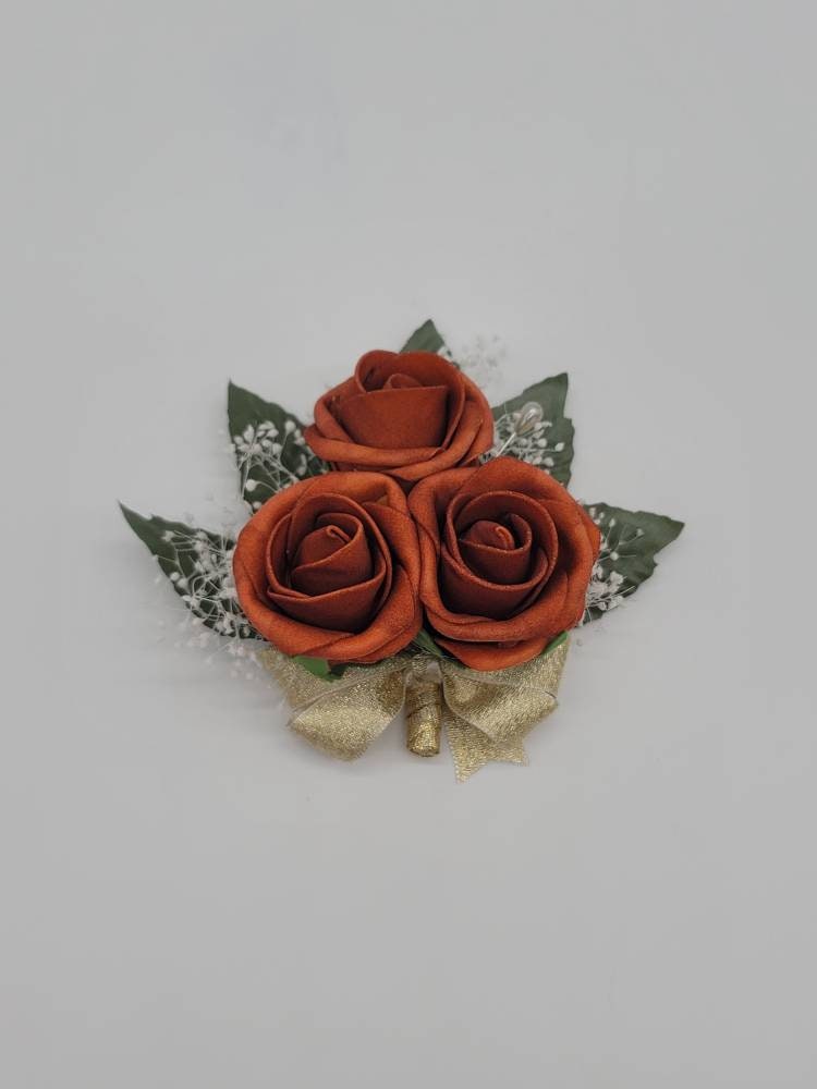 Burnt Orange And Gold Boutonnieres And Corsages, Available In 27 Colors, Corsages Available In Pin On And Wrist,Matching Bouquets Available