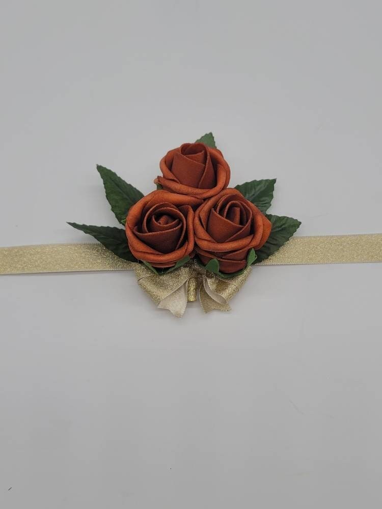 Burnt Orange And Gold Boutonnieres And Corsages, Available In 27 Colors, Corsages Available In Pin On And Wrist,Matching Bouquets Available