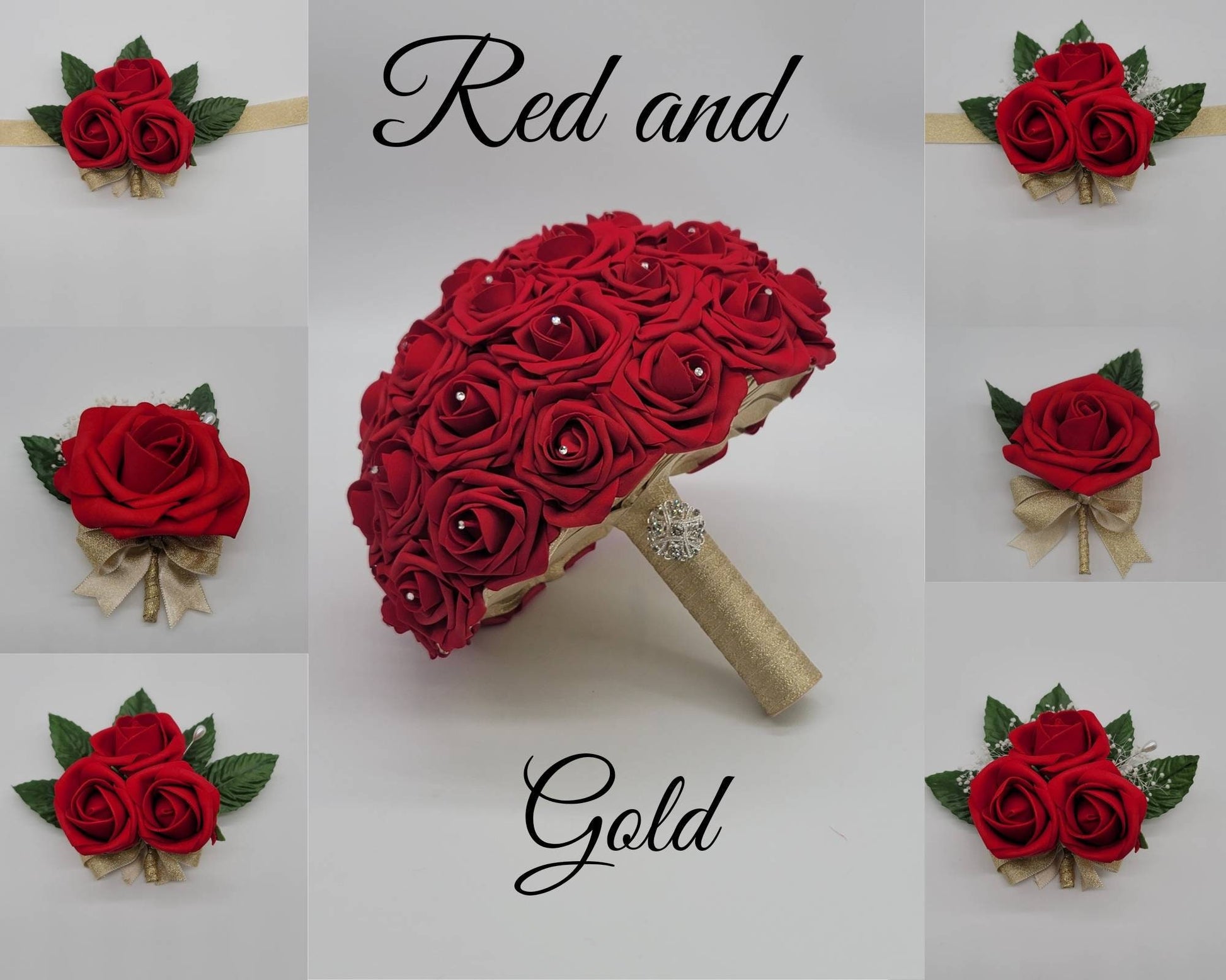 Red and Gold Corsages and Boutonnieres with or without Baby's Breath