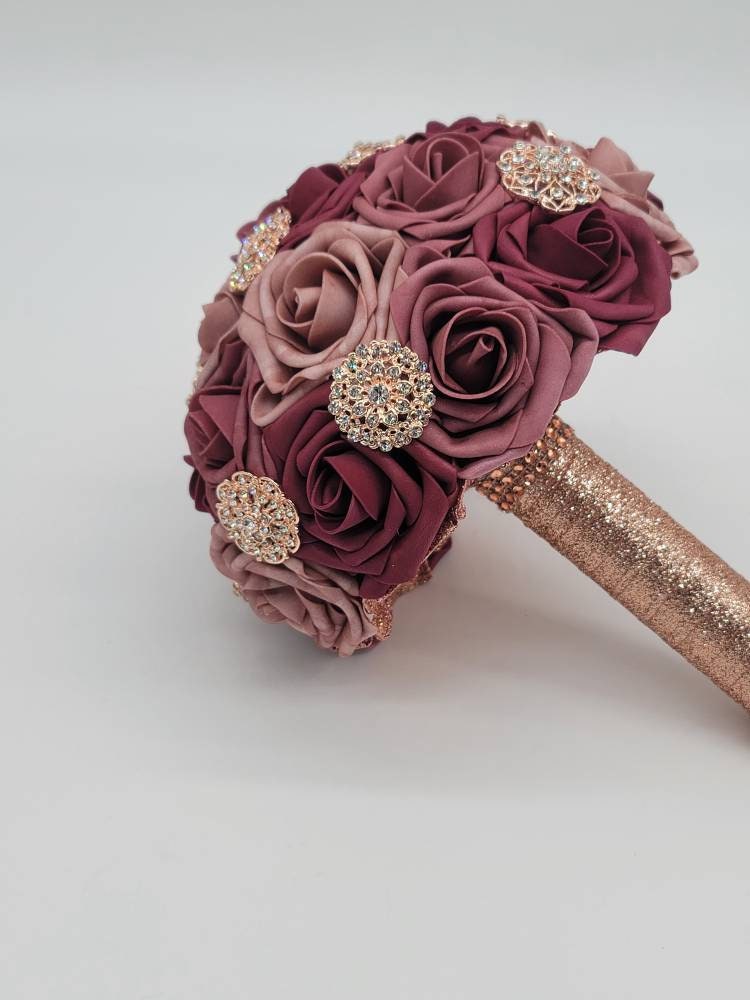 Burgundy,Mauve,and Dusty Rose Brooch Bridal Bouquet, Bridesmaid Bouquet,or Toss Available in 27 colors, Boutonnieres and Corsages Available