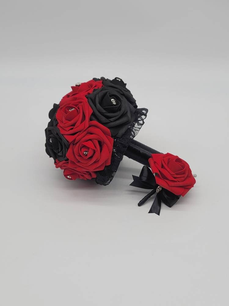 Gothic Skull Black And Red Boutonniere and Corsages, Corsages Available In Pin On And Wrist, Matching Bouquets Available